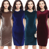 Women's Elegant Round Neck Short Sleeve Party Sheath Bodycon Pencil Velvet Dress - ENSEIGNE DENIS