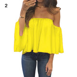 Lady Sexy Off Shoulder Long Sleeve Solid Color Loose Chiffon Top T-shirt Blouse