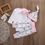 4Pcs Baby Girls Arrow Letters Print Long Sleeve Cotton Romper Pants Hat Headband