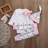 4Pcs Baby Girls Arrow Letters Print Long Sleeve Cotton Romper Pants Hat Headband