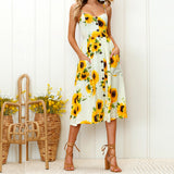 Fashion Flower Stripe Single Row Buttons Sleeveless Spring Summer Women Dress