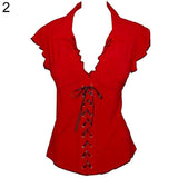 Sexy Women Lapel V-Neck Bandage Lace Up Ruffled Short Sleeve Top T-Shirt Blouse - ENSEIGNE DENIS