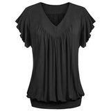 Women Plus Size Loose V Neck Short Sleeve Solid Color Top Pleated Fashion Blouse