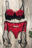Red Eyelash Lace Spaghetti Strap Bralette Set with Garter Belt