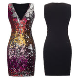 Sexy Gradient Color Sequins Deep-V Sleeveless Summer Women Party Pub Mini Dress - ENSEIGNE DENIS