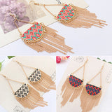 Women's Semicircle Tassels Rhombic Pattern Golden Tone Hook Earrings Jewelry