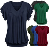 Women Plus Size Loose V Neck Short Sleeve Solid Color Top Pleated Fashion Blouse