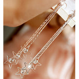 Women Pentacle Rhinestone Drop 3 Layers Chain Long Tassels Dangle Linear Earrings