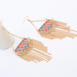 Women's Semicircle Tassels Rhombic Pattern Golden Tone Hook Earrings Jewelry