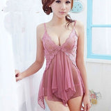 Women Sexy V-Neck Lace See Through Nightdress Sleepwear Dress with G-String