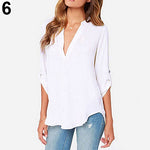 Women's Stylish Sexy V Neck Rollable Sleeve Loose Solid Chiffon Blouse Shirt - ENSEIGNE DENIS