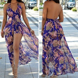 Women Bohemia Flower Print Halter V-Neck Backless Long Maxi Dress + Shorts - ENSEIGNE DENIS