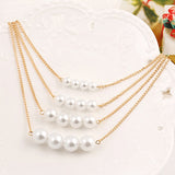 Women's Elegant Faux Pearl Bead Golden Tone Chain Multilayer Bib Necklace Jewelry