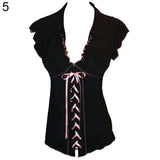 Sexy Women Lapel V-Neck Bandage Lace Up Ruffled Short Sleeve Top T-Shirt Blouse - ENSEIGNE DENIS