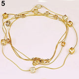 Women Square Rhinestones Beads 2 Layers Golden Alloy Chain Long Sweater Necklace