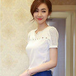 Women's Fashion Summer Hollow Sexy Short Sleeve V Neck Lace Chiffon Blouse T-shirt