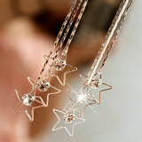 Women Pentacle Rhinestone Drop 3 Layers Chain Long Tassels Dangle Linear Earrings