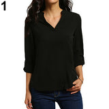 Women's Stylish Sexy V Neck Rollable Sleeve Loose Solid Chiffon Blouse Shirt - ENSEIGNE DENIS