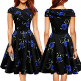 Elegant Women Flower Rose Boat Neck High Waist Big Swing Evening Party Dress