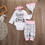 4Pcs Baby Girls Arrow Letters Print Long Sleeve Cotton Romper Pants Hat Headband