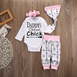 4Pcs Baby Girls Arrow Letters Print Long Sleeve Cotton Romper Pants Hat Headband