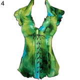 Sexy Women Lapel V-Neck Bandage Lace Up Ruffled Short Sleeve Top T-Shirt Blouse - ENSEIGNE DENIS
