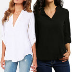 Women's Stylish Sexy V Neck Rollable Sleeve Loose Solid Chiffon Blouse Shirt - ENSEIGNE DENIS