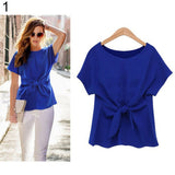 Women Ladies Fashion Short Sleeve Bow Solid Color Casual Tops Blouse T-Shirt