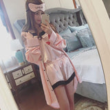 4 Pieces Women Summer Pajamas Top Shorts Robe Eye Mask Sleepwear Clothing Set
