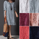 Summer Lady Floral Embroidered O-Neck Beach Cotton Linen Half Sleeve Loose Dress