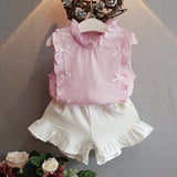 Fashion Ruffles Bowknot Children Girls Summer Sleeveless Top Shorts Clothes Set