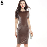 Women's Elegant Round Neck Short Sleeve Party Sheath Bodycon Pencil Velvet Dress - ENSEIGNE DENIS