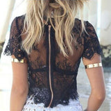 Fashion Women See-through Lace T-shirt Short Sleeve Crop Top Hollow Out Blouse