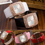 Women's Luxury Square Case Shiny Rhinestones Faux Leather Analog Wrist Watch - ENSEIGNE DENIS