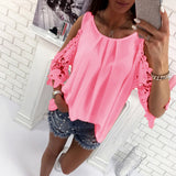 Women Hollow Sleeve Shirt Summer Solid Color Blouse Casual Back Strap Top - ENSEIGNE DENIS
