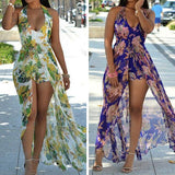 Women Bohemia Flower Print Halter V-Neck Backless Long Maxi Dress + Shorts - ENSEIGNE DENIS