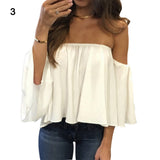 Lady Sexy Off Shoulder Long Sleeve Solid Color Loose Chiffon Top T-shirt Blouse