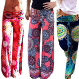 Women's Summer Floral Pants Casual High Waist Flare Wide Leg Long Trousers