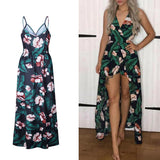 Sexy Women V Neck Spaghetti Strap Floral Print Romper Jumpsuit Long Maxi Dress