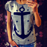 Women's Summer Style Blouse Letter Anchor Print Slim Top Cotton Casual T-shirt - ENSEIGNE DENIS