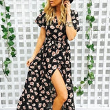 Sexy Summer Flower Printed Loose Short Sleeve Dress Women Casual V Neck