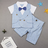 Baby Kids Boys Gentleman Short Sleeve Plaid T-Shirt Pants with Bow Tie Suit Set