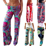 Women's Summer Floral Pants Casual High Waist Flare Wide Leg Long Trousers