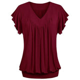 Women Plus Size Loose V Neck Short Sleeve Solid Color Top Pleated Fashion Blouse