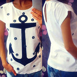 Women Fashion Casual Cotton Anchor Print Short Sleeve T-Shirt Summer Blouse Top - ENSEIGNE DENIS