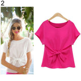 Women Ladies Fashion Short Sleeve Bow Solid Color Casual Tops Blouse T-Shirt