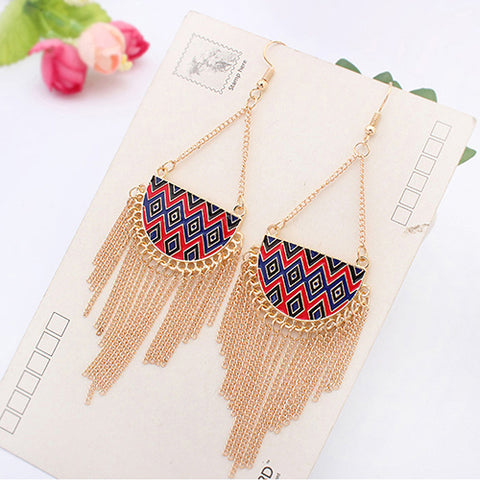 Women's Semicircle Tassels Rhombic Pattern Golden Tone Hook Earrings Jewelry