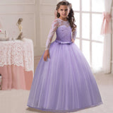 Fashion Girls Formal Lace Bowknot Long Sleeve Party Wedding Princess Maxi Dress