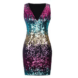 Sexy Gradient Color Sequins Deep-V Sleeveless Summer Women Party Pub Mini Dress - ENSEIGNE DENIS