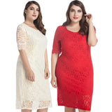 Elegant Plus Size Women Lace Flower Slim Fit Solid Color Casual Party Mini Dress